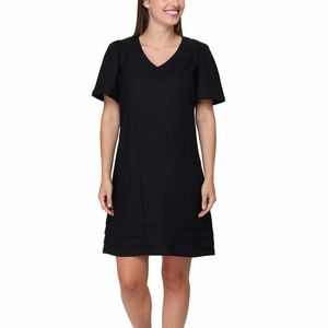 Nicole Miller Original Black V-Neck Short Flutter Sleeve Linen Blend Shift Dress